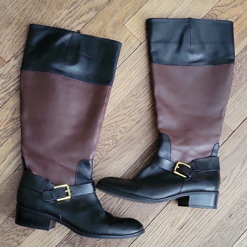 RALPH LAUREN Elegant Black and Brown Knee-High Boots Size 8.5